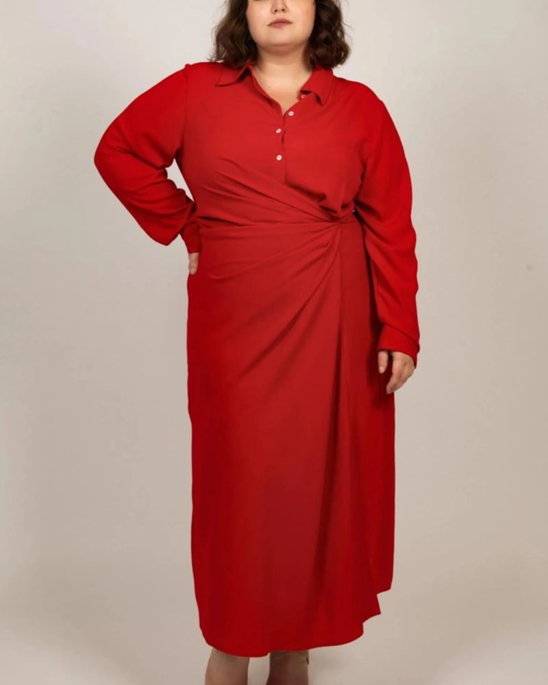 Front of a model wearing a size 1X Lola Midi Shirt Dress Wrap Skirt Side Slit Red in Red by ANNICK. | dia_product_style_image_id:309335